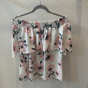 Adrienne Pink and White Floral Off-Shoulder Blouse